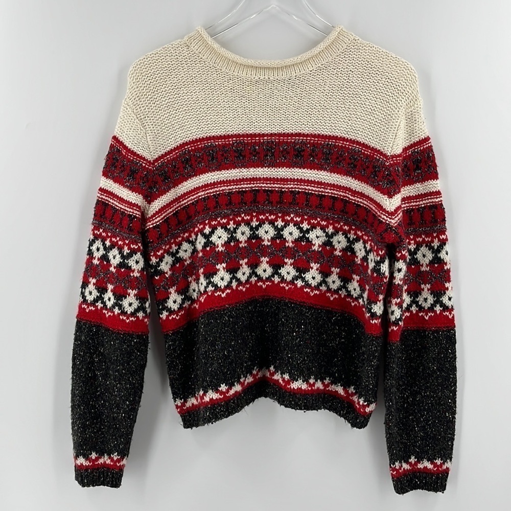 Faire Isle Cream Red Gray Rolled Round Collar Long Sleeve Sweater Wool Blend PM